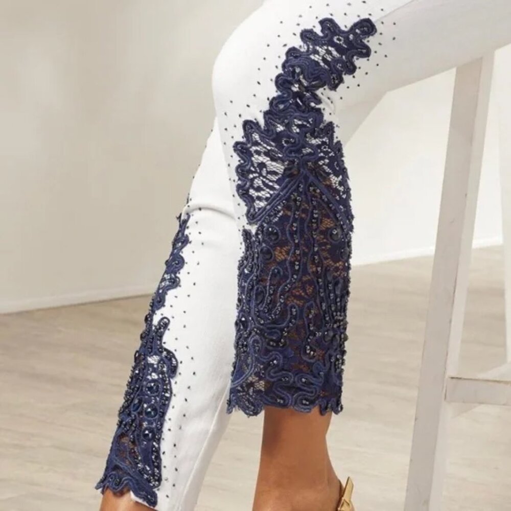 Soft Surroundings Parisa Beaded Lace‎ Ankle Jeans 8 White Blue Embellished - Picture 2 of 14